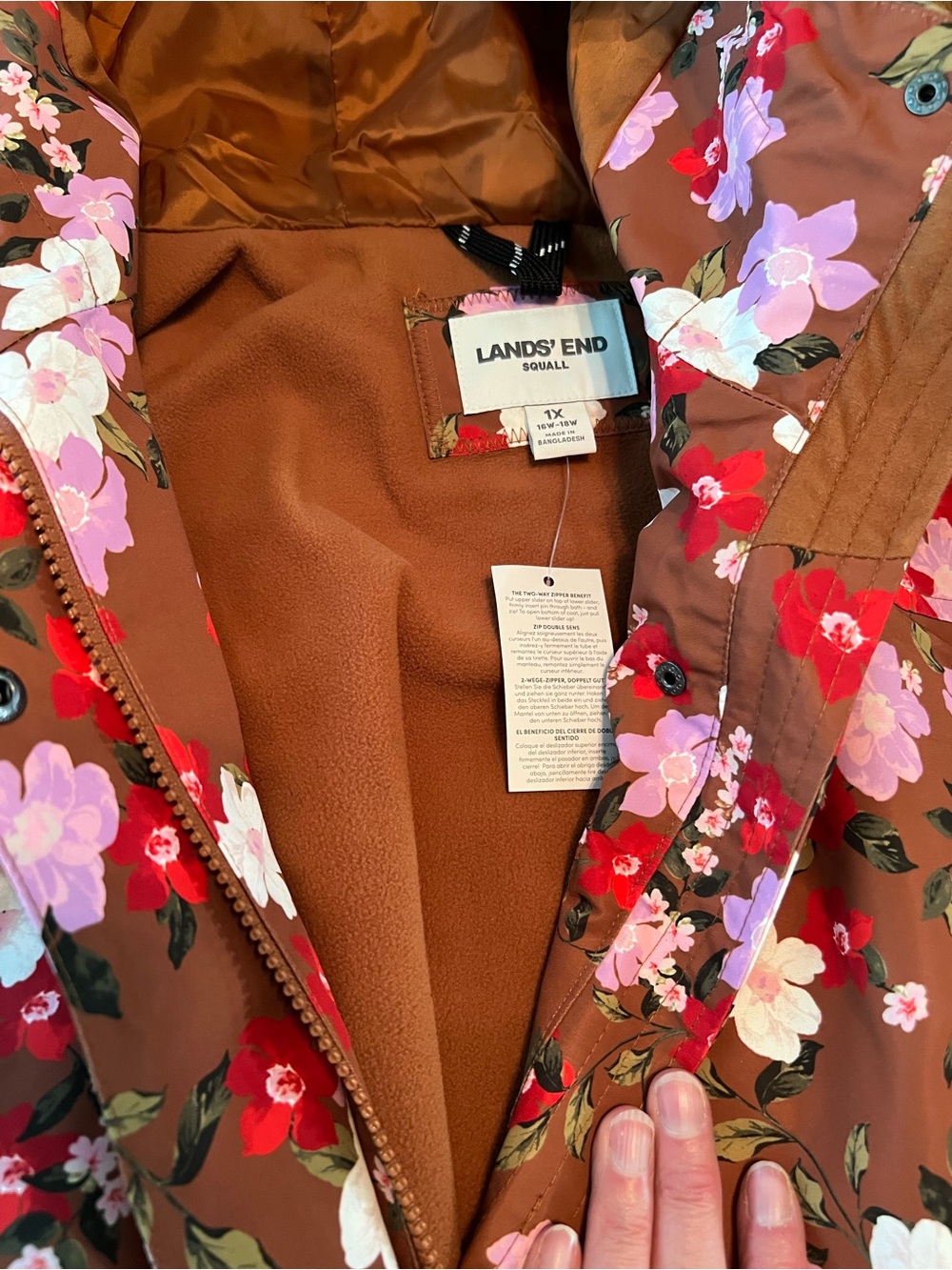 Lands' End Floral Hooded Trench Coat in Brown with Pink & Red Flowers - Picture 4 of 7